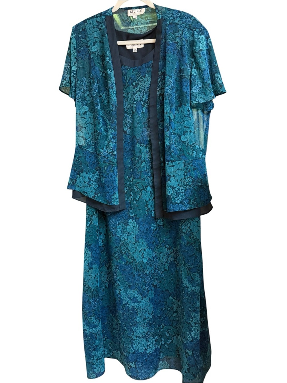 Women’s 2 piece teal floral jacket midi/maxi dress set by Studio 1 EUC Size 18